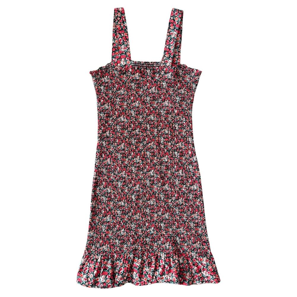 DO+BE Floral Bodycon Tank Mini Dress Ruffle Sleeveless Ruched Black Red Pink